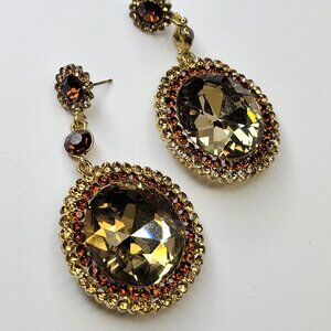 Vintage Inspired Round Cut Champagne and Amber Glass Stone Drop Earrings